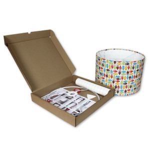 30cm Make Your Own Lampshade Kit - Example of Lampshade with Covering & Opened Box Contents 30cm Make Your Own Lampshade Kit - Example of Lampshade with Covering & Opened Box Contents