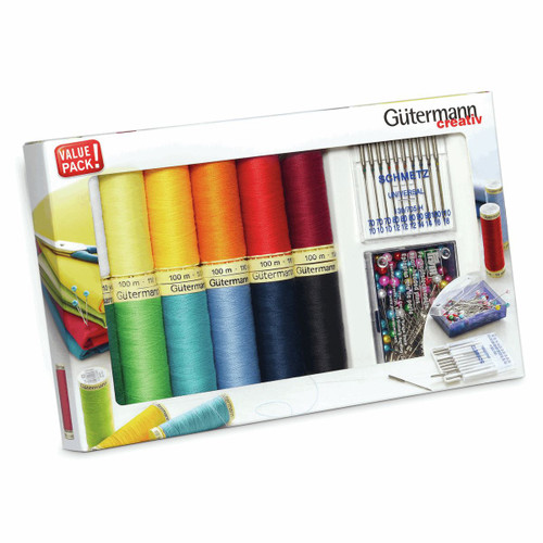 Guterrmann Set: 12 x 100m Sew-all Thread, PRYM Pearl Head Pins, Schmetz Needles