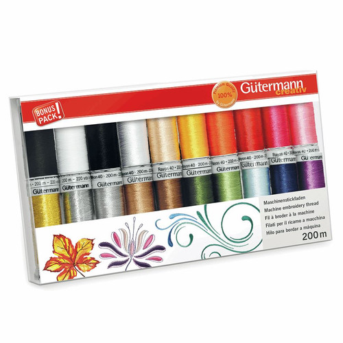 Gutermann Machine Embroidery Thread Set: 20 x 200m reels in Assorted Colours Gutermann Machine Embroidery Thread Set: 20 x 200m reels in Assorted Colours