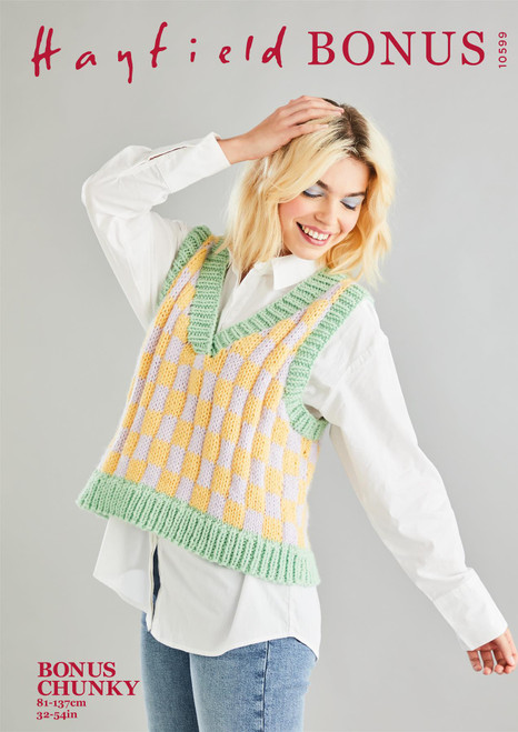 Hayfield Bonus Chunky Checkerboard Sweater Vest Knitting Pattern - Intermediate Level