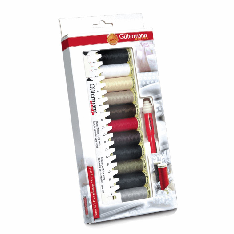 Gutermann Sewing Kit. 11 Reels of Sew-all Thread 1 Measuring Gauge & 1 Seam-Fix