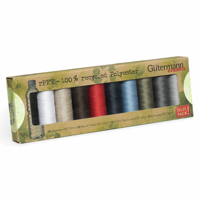 Gutermann 100% Recycled Polyester Sew-all Thread 100 - 10 Basic Coloured Reels