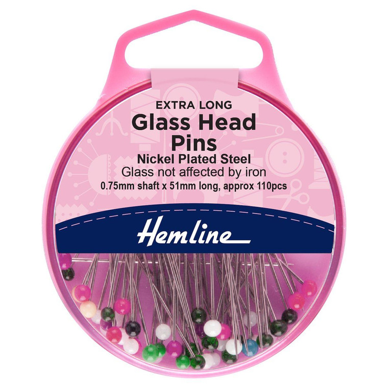 Hemline Extra Long Glass Head Pins Approx. 110 peices - 51mm x 0.75mm