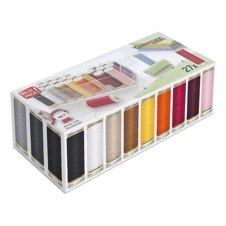 Gutermann creativ 27 spools of 100m Sew-all Thread in a transparent sewing box.