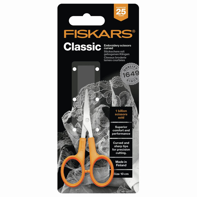 Fiskars Classic Curved Embroidery Scissors - 10cm. Damaged Packaging. Fiskars Classic Curved Embroidery Scissors - 10cm. Damaged Packaging.