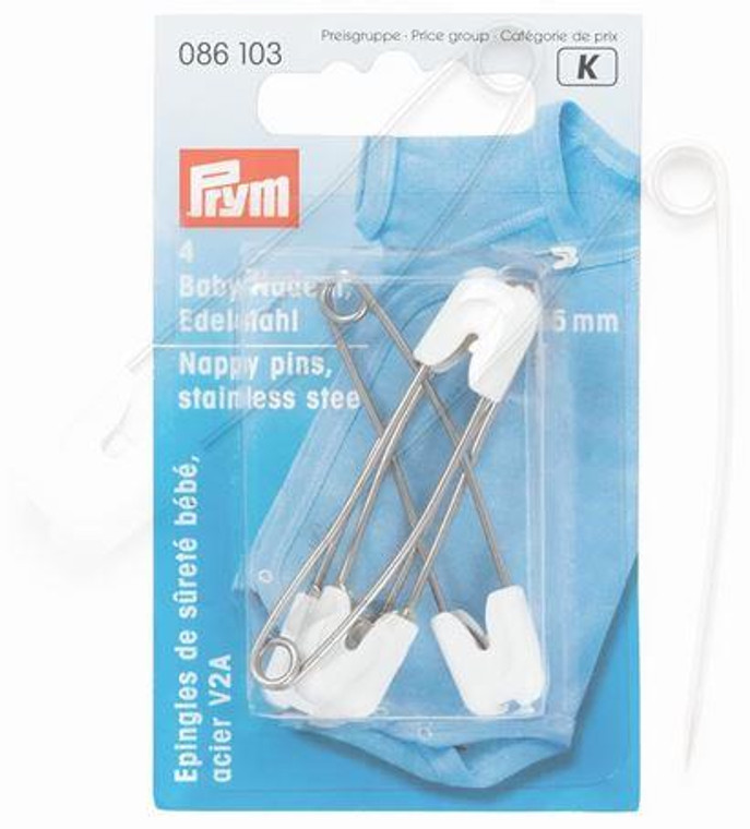 Prym 5mm Nappy Pins Stainless Steel and White 4 Pins Per Pack