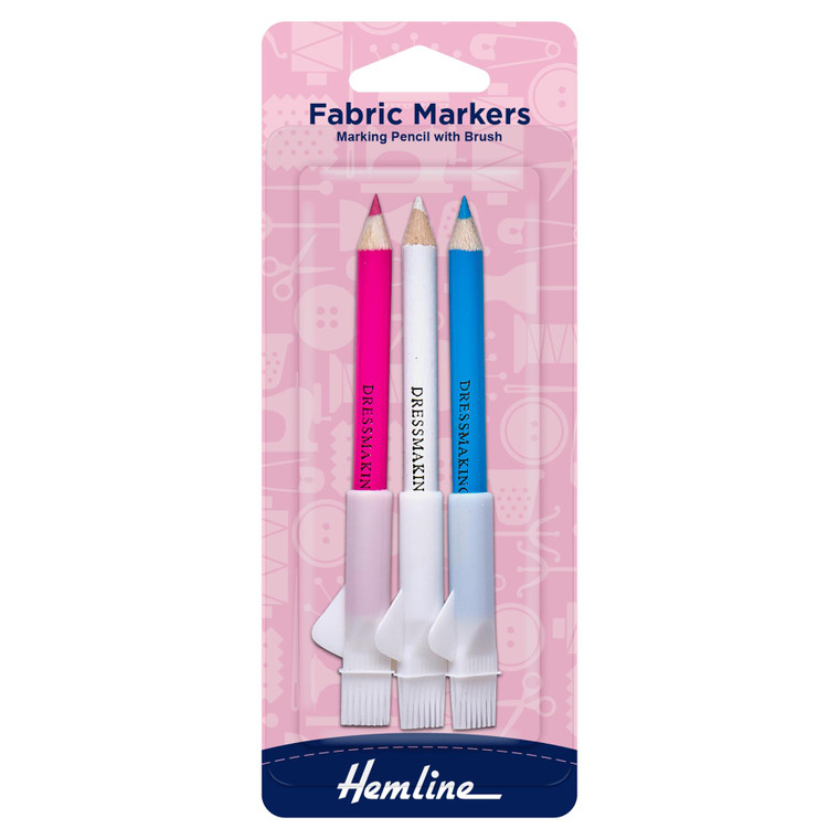 Hemline Fabric Markers Marking Pencil with Brush 3 Colours 3 pcs