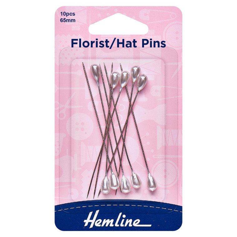 Hemline Florist/Hat Pins 0.8 x 65mm, PEARL WHITE , 10 pcs