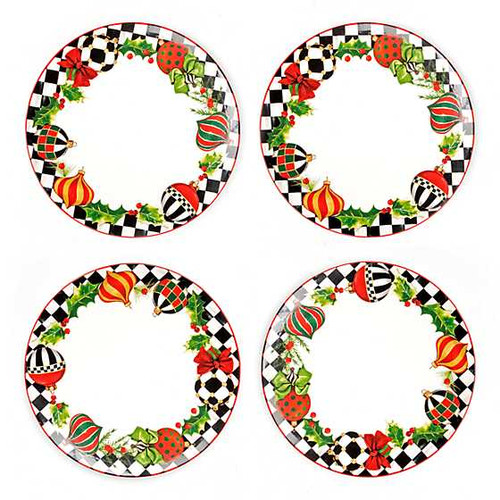 Top your table with the holiday cheer of our set of four Deck the Halls Dinner Plates. Made of dishwasher- and microwave-safe stoneware, they feature a hand-applied holiday print, accented with hand-painted banding. Functional and fun, they’re ready to serve and add a seasonal pop of color. Try mixing and matching them with your existing Courtly Check®.