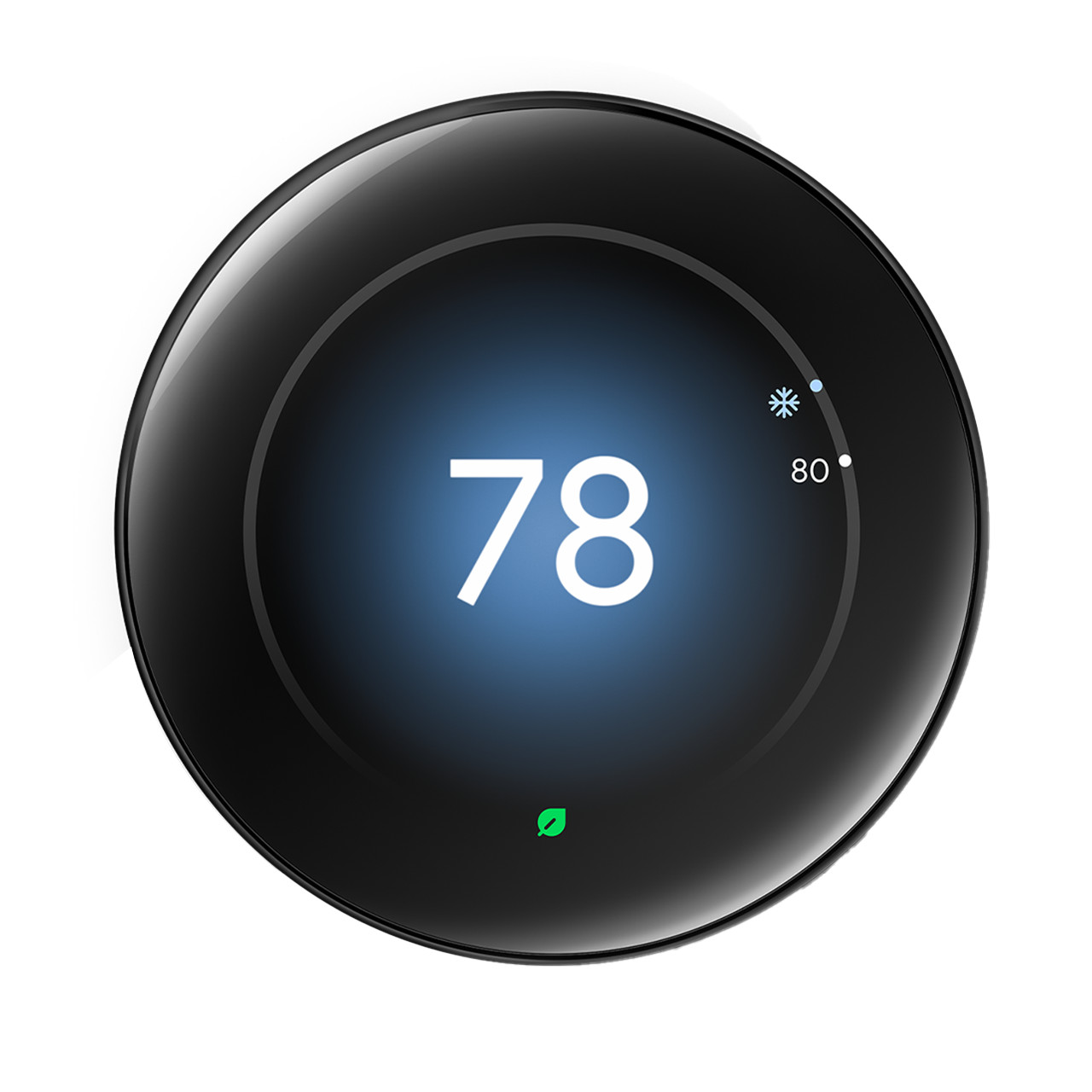 Nest Learning Thermostat Polished Obsidian front view set to 78 cooling
