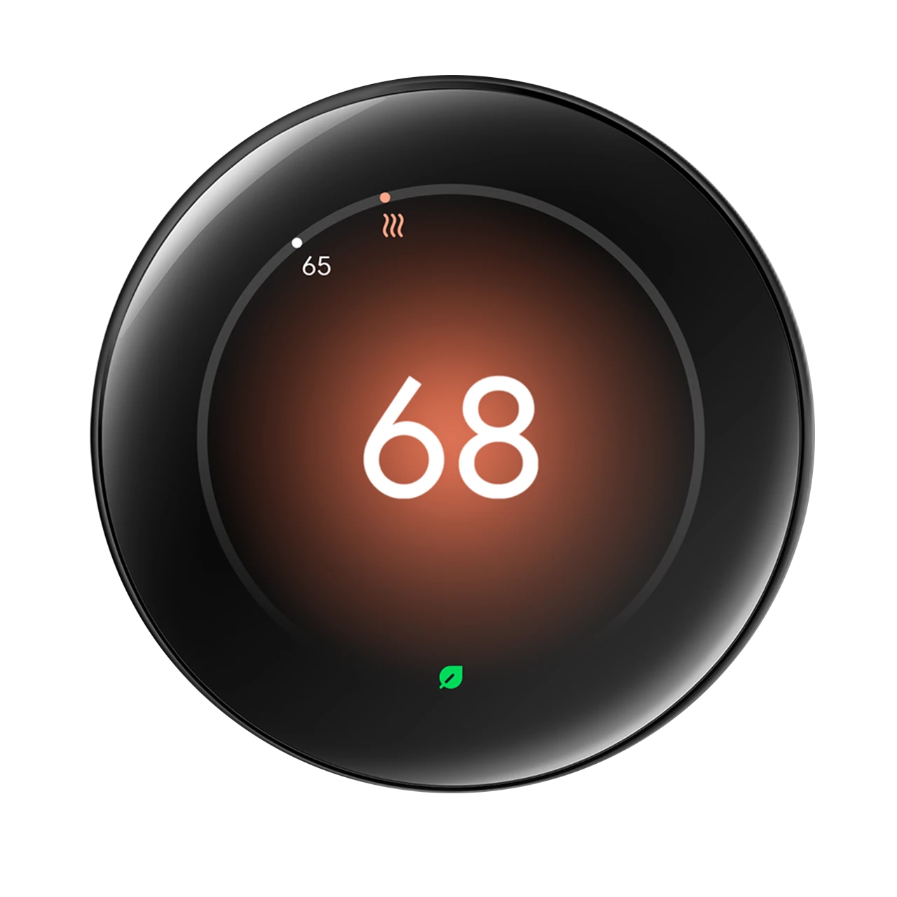 Nest Learning Thermostat Polished Obsidian front view set to 68 heating