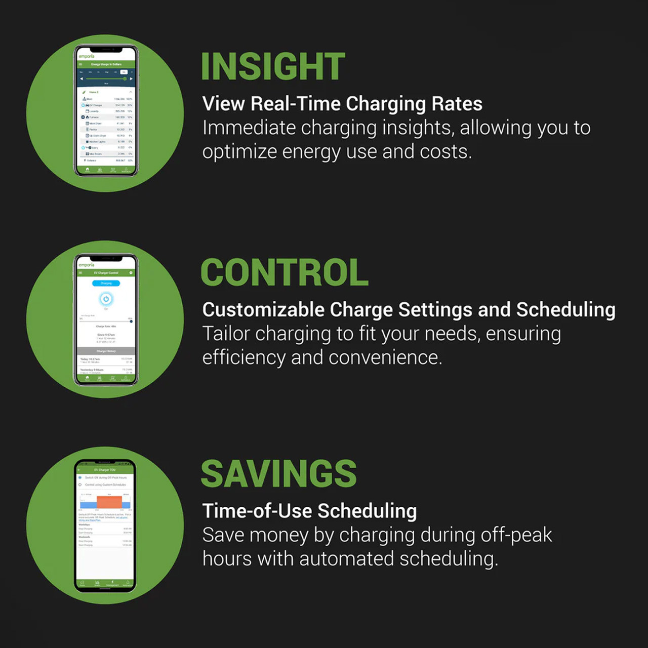 Graphic of phone app features: insight, control, savings