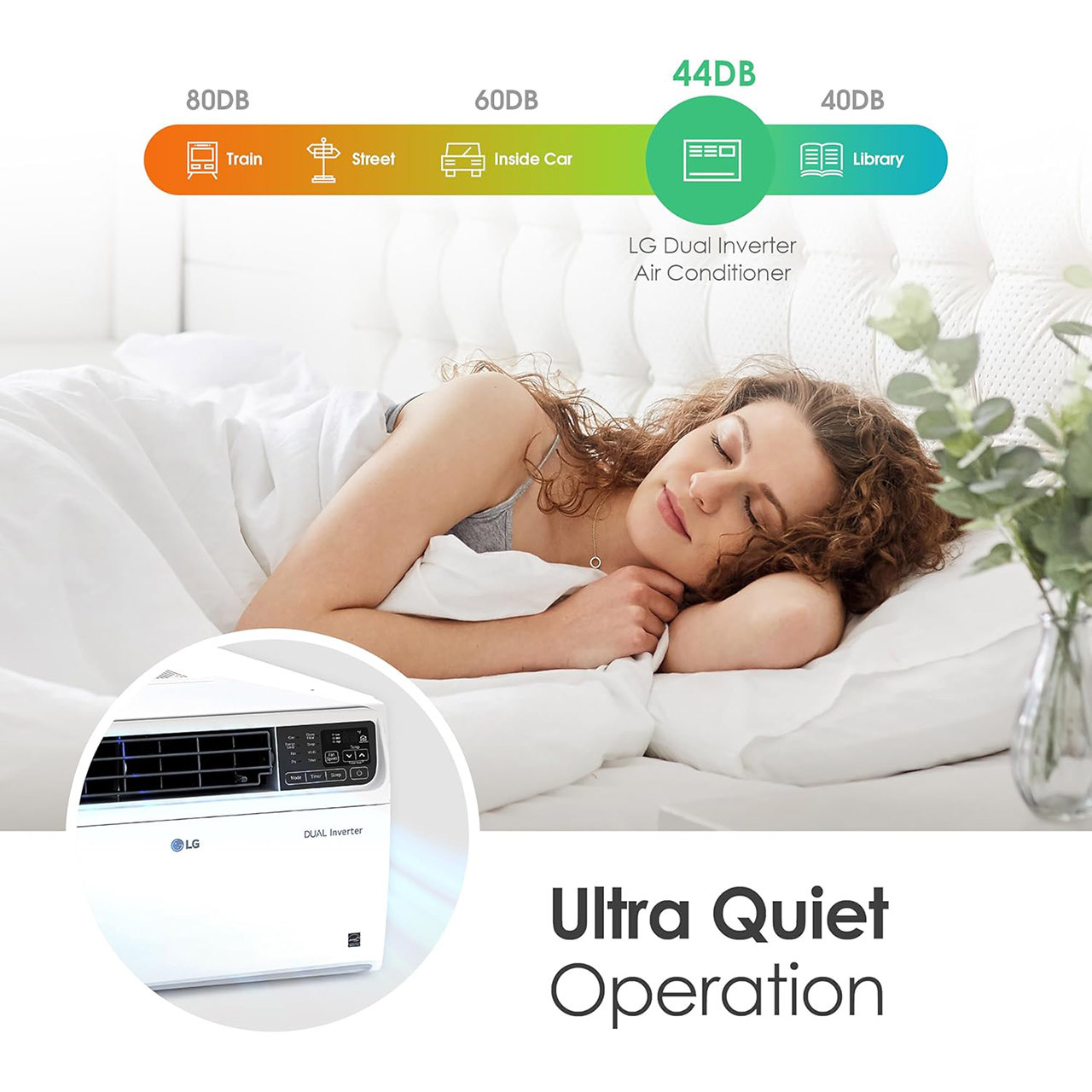 Women sleeping with graphic of 44DB. Reads "ultra quiet operation."