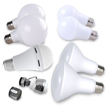 Energy Efficiency Kit includes: 2-Dimmable LED Bulbs, 2-LED Globe Bulbs, 2-LED BR30 Flood Lamp Bulbs, 1 - 5w Battery back up A19 bulb 1-Dual Threaded Bubble Faucet Aerator, 1-Dual Spray Swivel Kitchen Faucet Aerator with Pause Lever