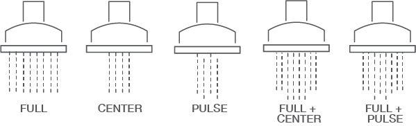 infographic of a showerhead 5 sprat setting: full, center, pulse, full plus center and full plus pulse