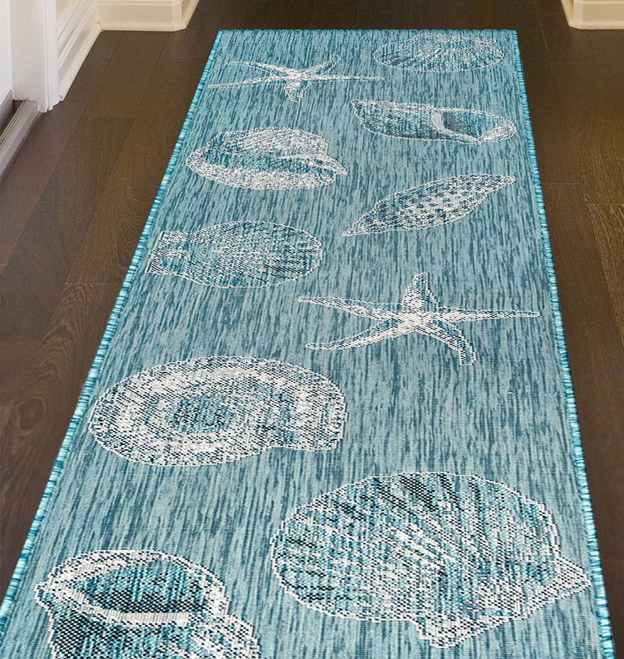 Antigua Shells Aqua Indoor/Outdoor Rug - 2 x 8 | Bella Coastal Decor