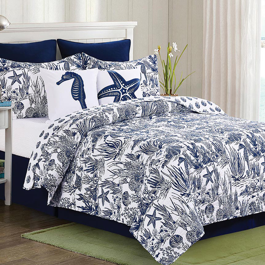 Indigo Coral Quilt Bed Set Twin Bella Coastal Decor