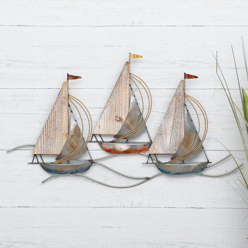 Set of Two Painted Metal Sailboat Wall Hangings