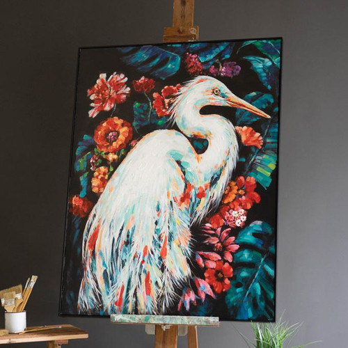 Floral Heron Framed Oil Painting