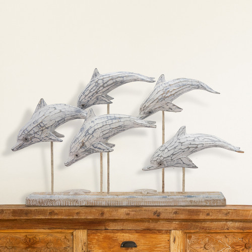 Hand-Carved Wood Dolphin Pod Sculpture