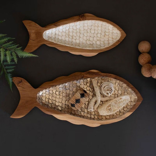 Carved Teak & Capiz Shell Trays - Set of 2 - OUT OF STOCK UNTIL 05/14/2026