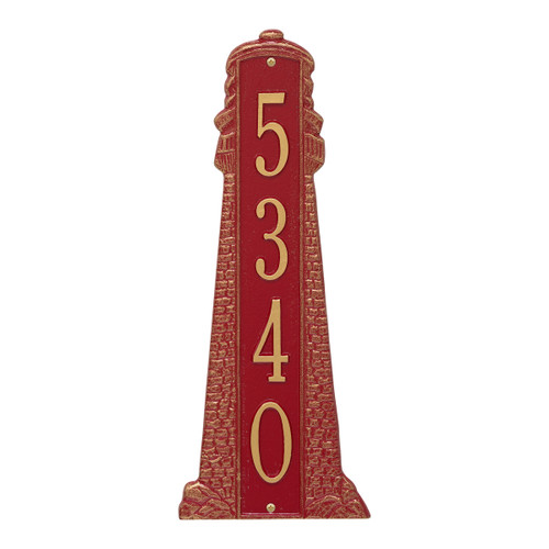 Large Lighthouse Vertical House Number Plaque - Red & Gold