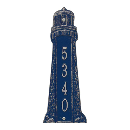 Small Lighthouse Vertical House Number Plaque - Dark Blue & Silver