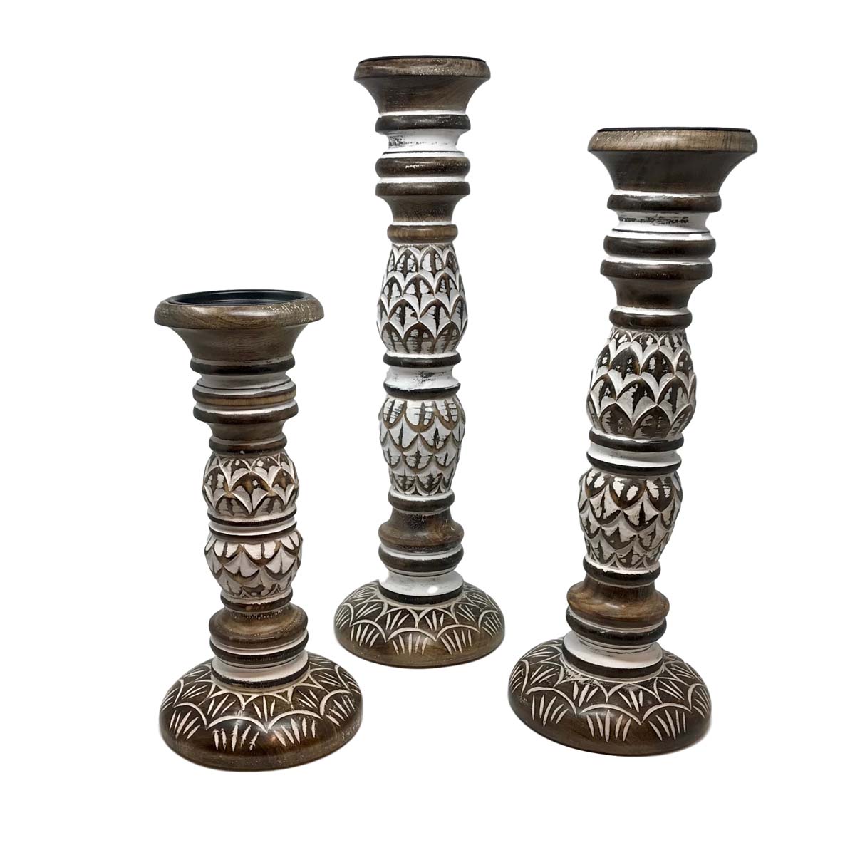 Set of 2 - Antique finish Wooden Candle Holders