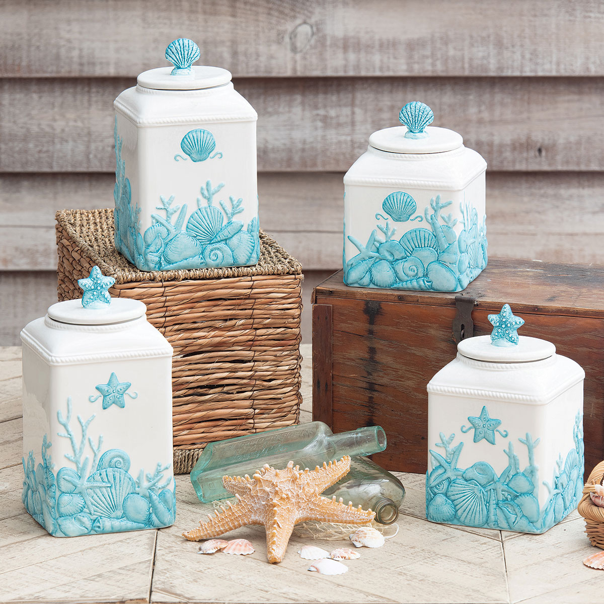 Blue Shells Ceramic Canisters - Set of 4