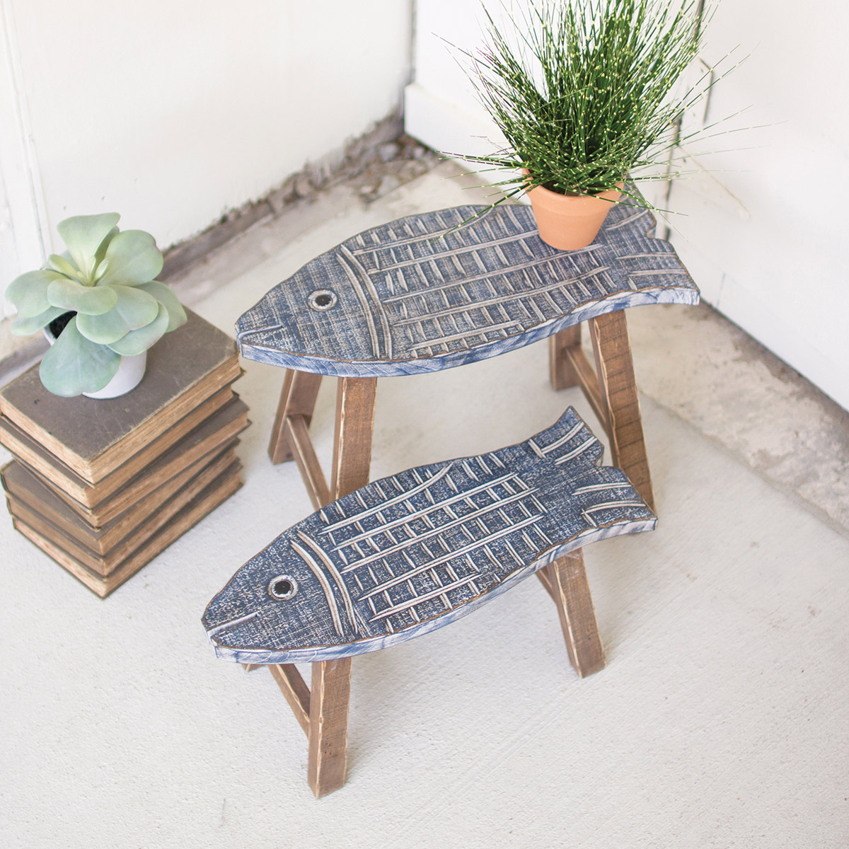 Set of Two Carved Wooden Fish Stools from Black Forest Decor