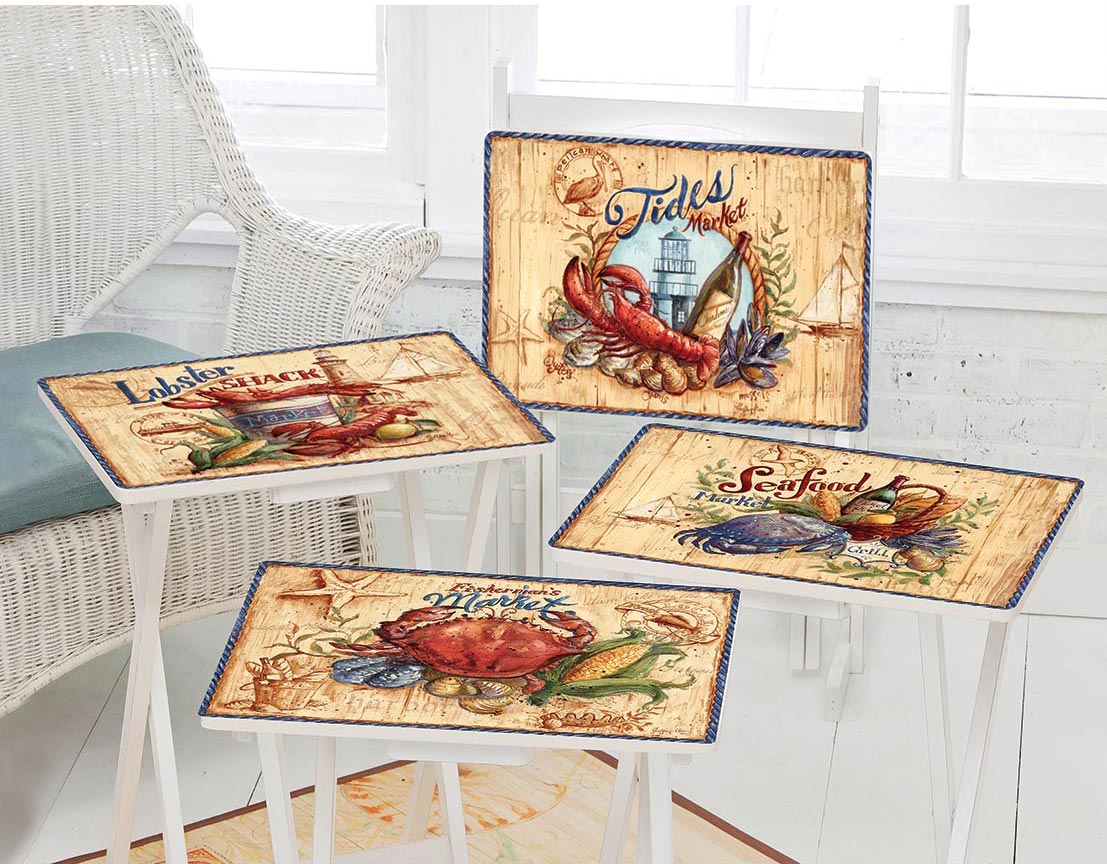 Seafood Feast TV Tray Set with Stand Set of 4 Bella Coastal Decor