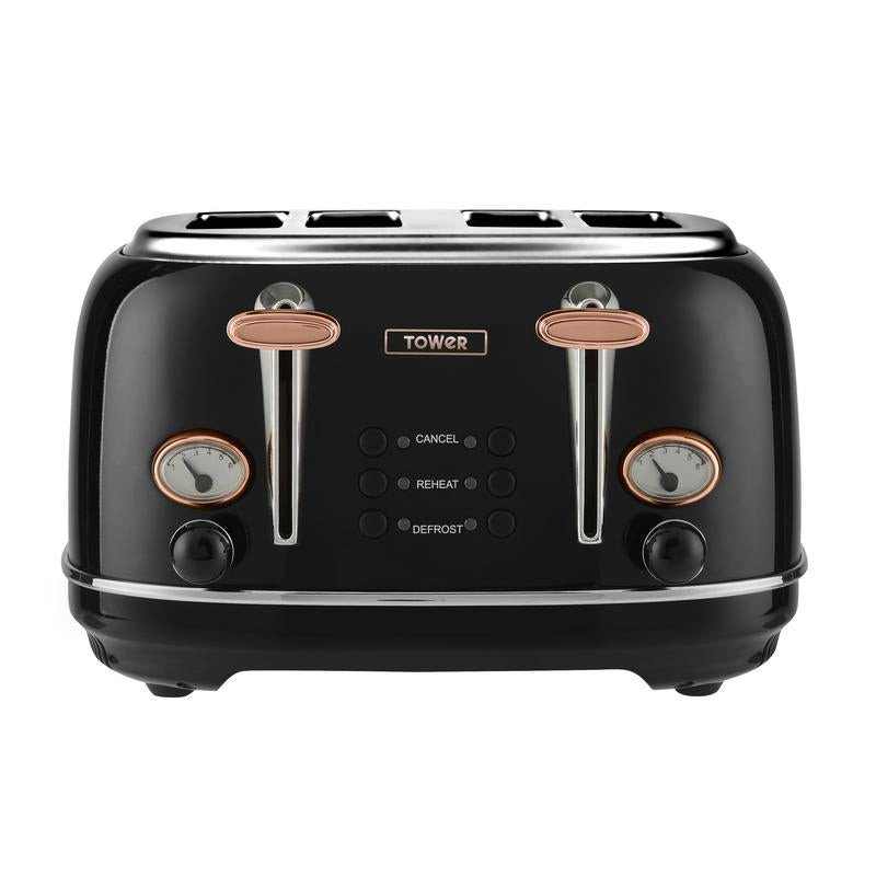 Tower Bottega 4 Slice Stainless Steel Toaster Black / Rose Gold Mega Appliances