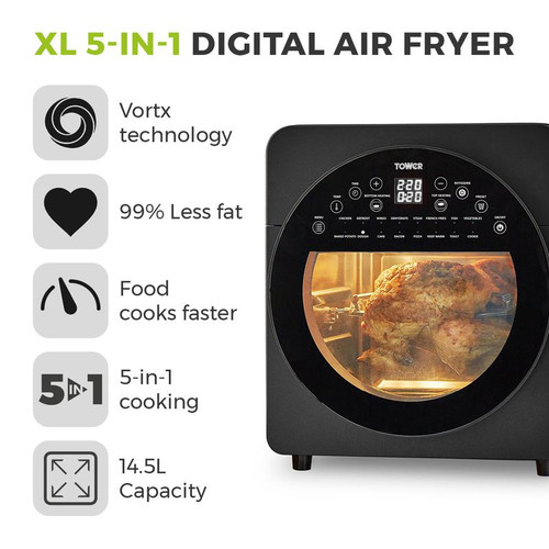 Tower Vortx XL 14.5L 5-in-1 Digital Air Fryer Oven with Rotisserie Black