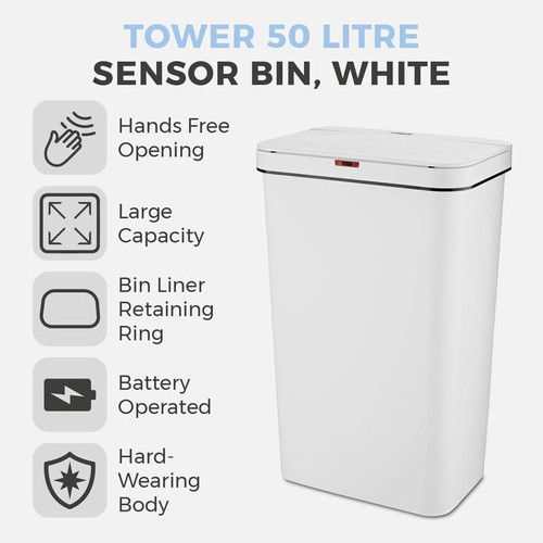 Tower 50L Rectangular Sensor Bin White