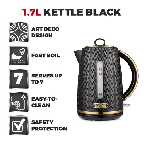 Tower Empire 3KW 1.7L Kettle Black with Brass Accents