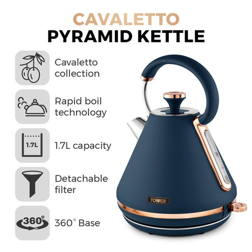 Tower Cavaletto 3KW 1.7L Pyramid Kettle Midnight Blue and Rose Gold