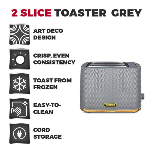 Tower Empire 2 Slice Toaster Grey with Brass Accents