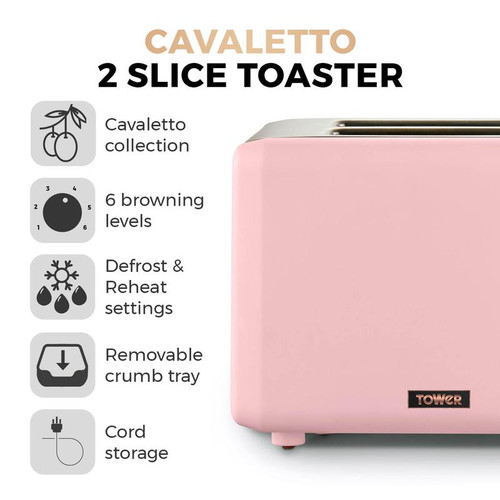 Tower Cavaletto 850W 2 Slice Toaster S/Sl Marshmallow Pink and Rose Gold