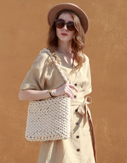 Jen & Co Etsy Macrame Large Knit Bag in Ivory style shot