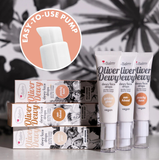 theBalm Oliver Dewy Face Drops style shot with pumps