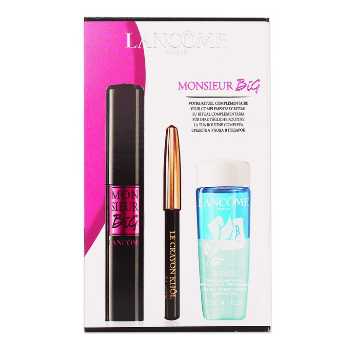 Lancome Monsieur Big Eye Kit contains a full size Monsieur Big Full Volume Mascara, mini size Le Crayon Khol, and a mini size Bi-Facil makeup remover.

