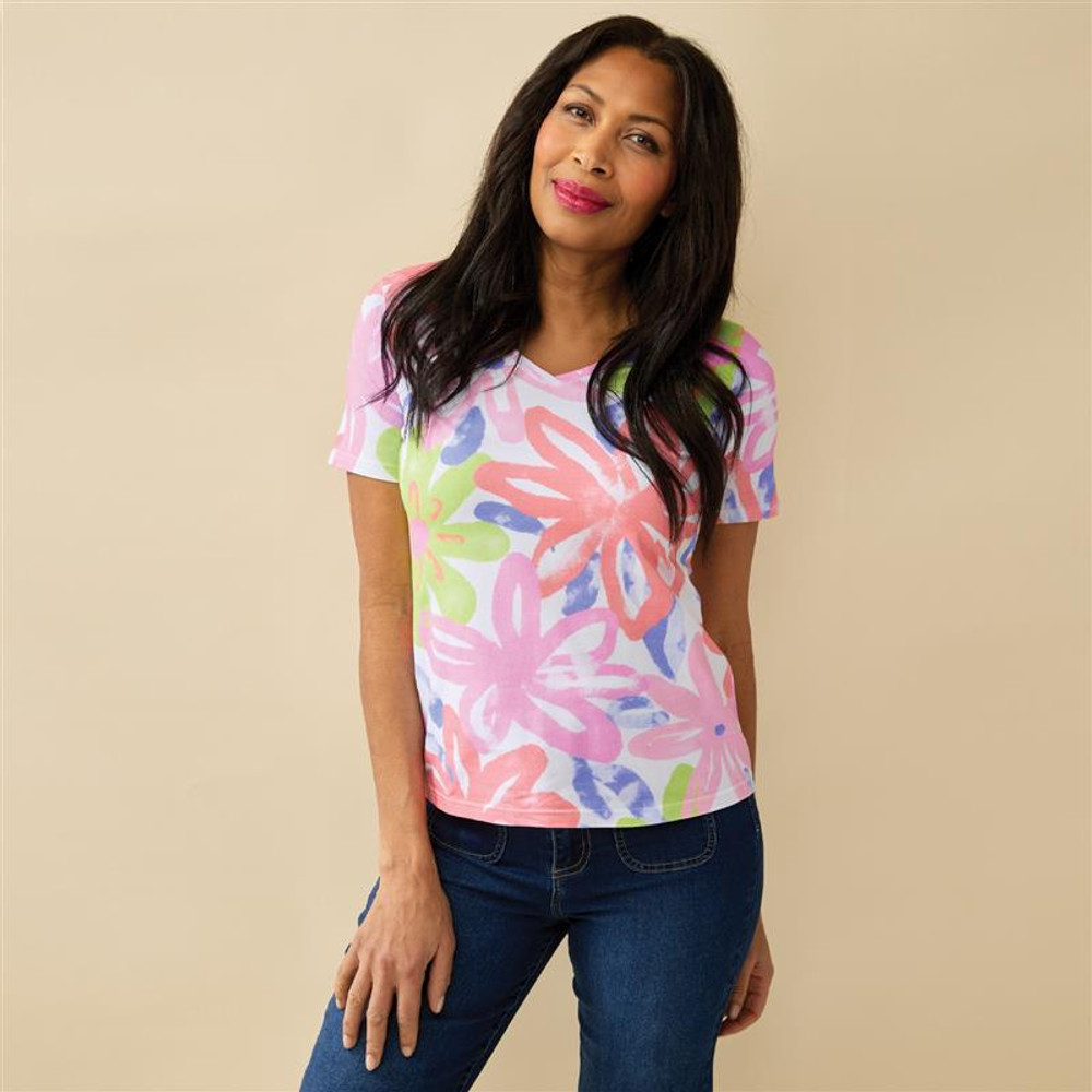 V-Neck Flower Design Tee