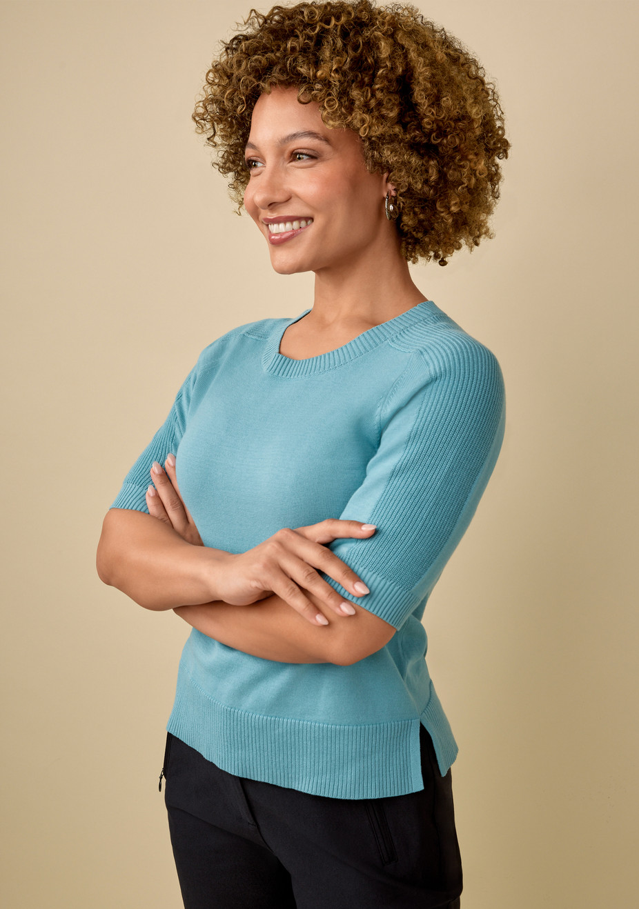 Ribbed Elbow Sleeve Raglan Top