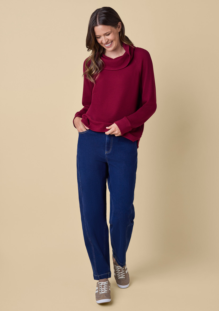Waffle Knit Cowl Neck Pullover