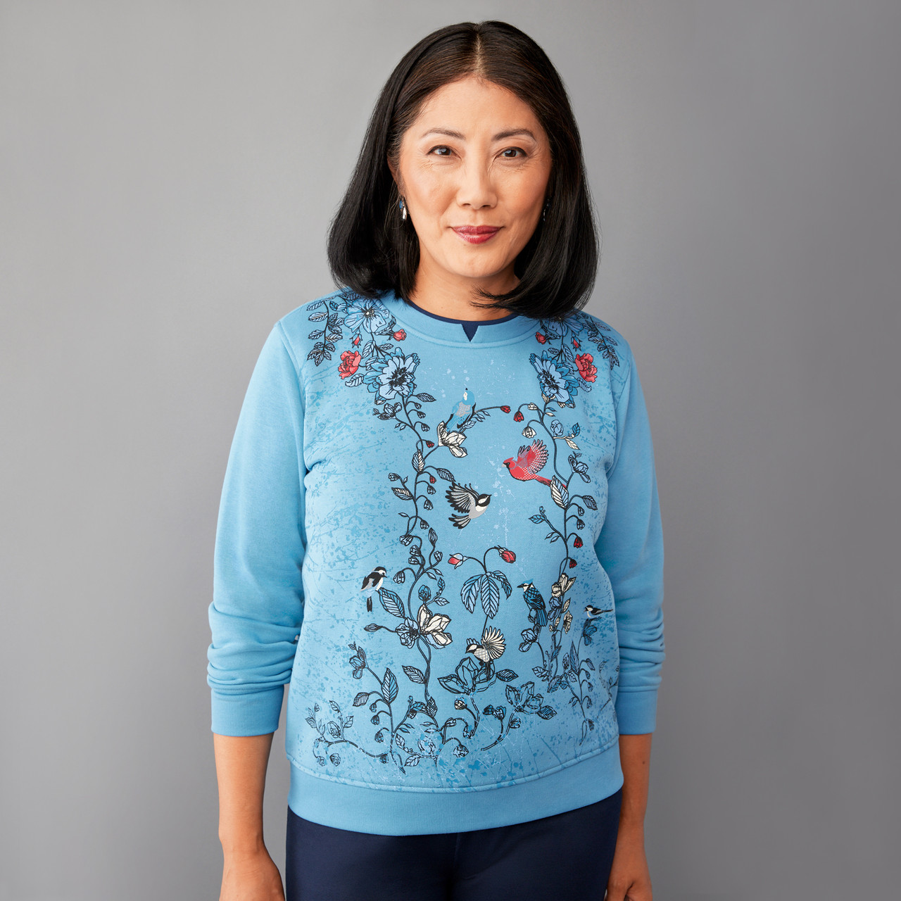 Women's Petite - Blue Birds Notch Neck Fleece