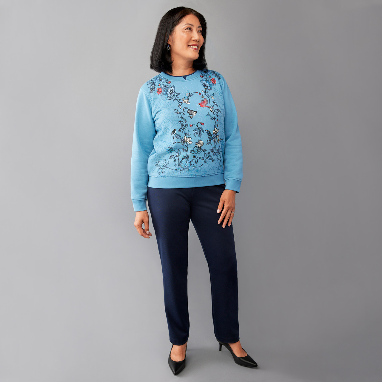 Women's Petite - Blue Birds Notch Neck Fleece