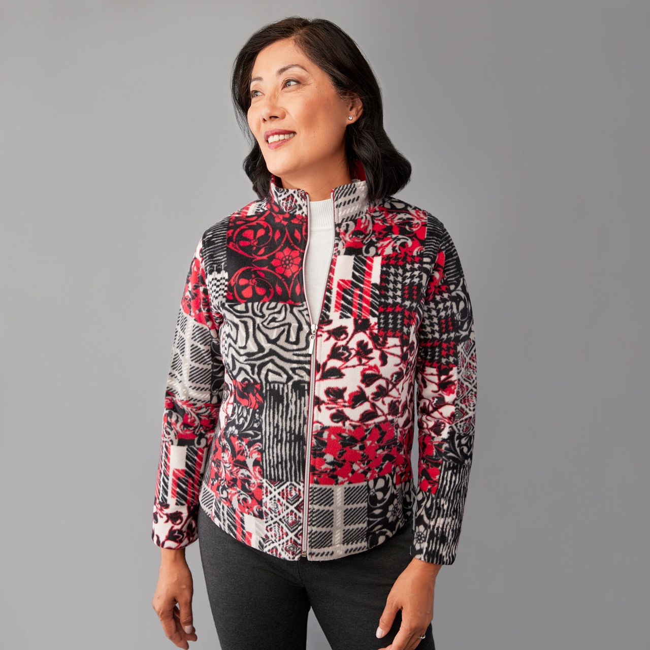 Petite - Patchwork Print Fleece Jacket