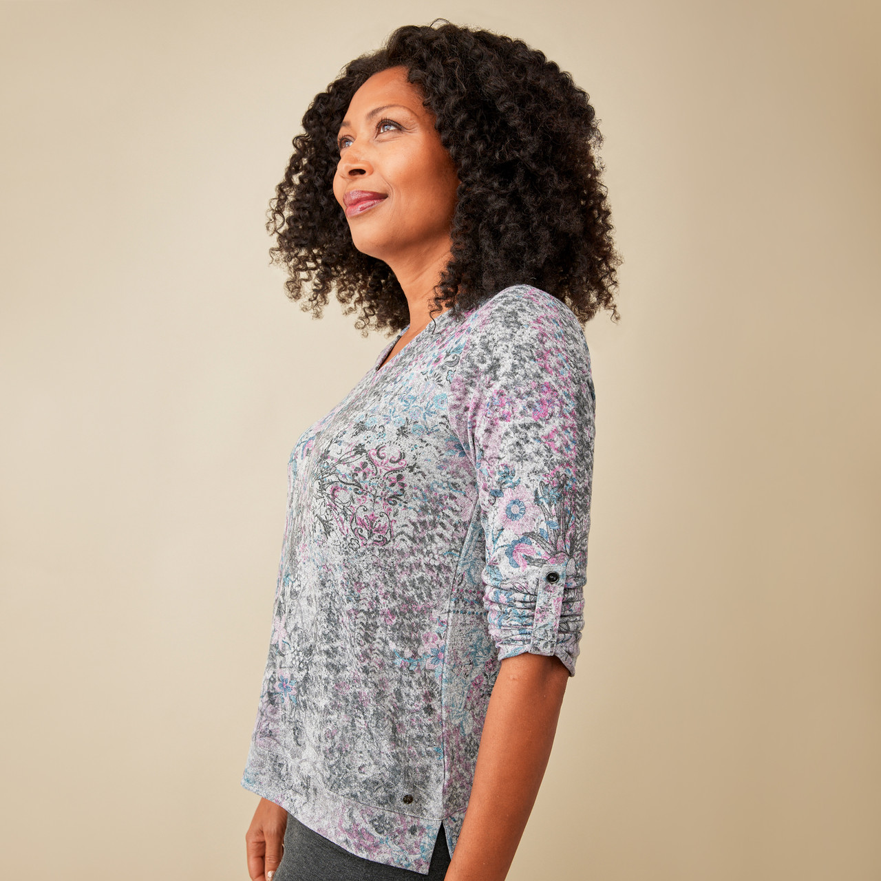 Women's Petite - Roll Tab Patterned Top | Northern Reflections
