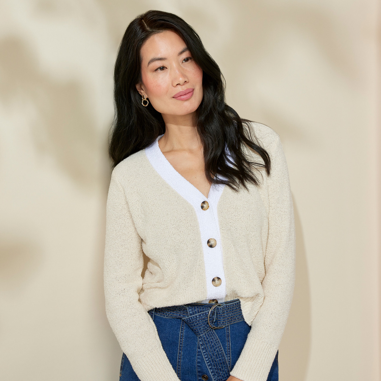 New Look pointelle button through shirt in off white