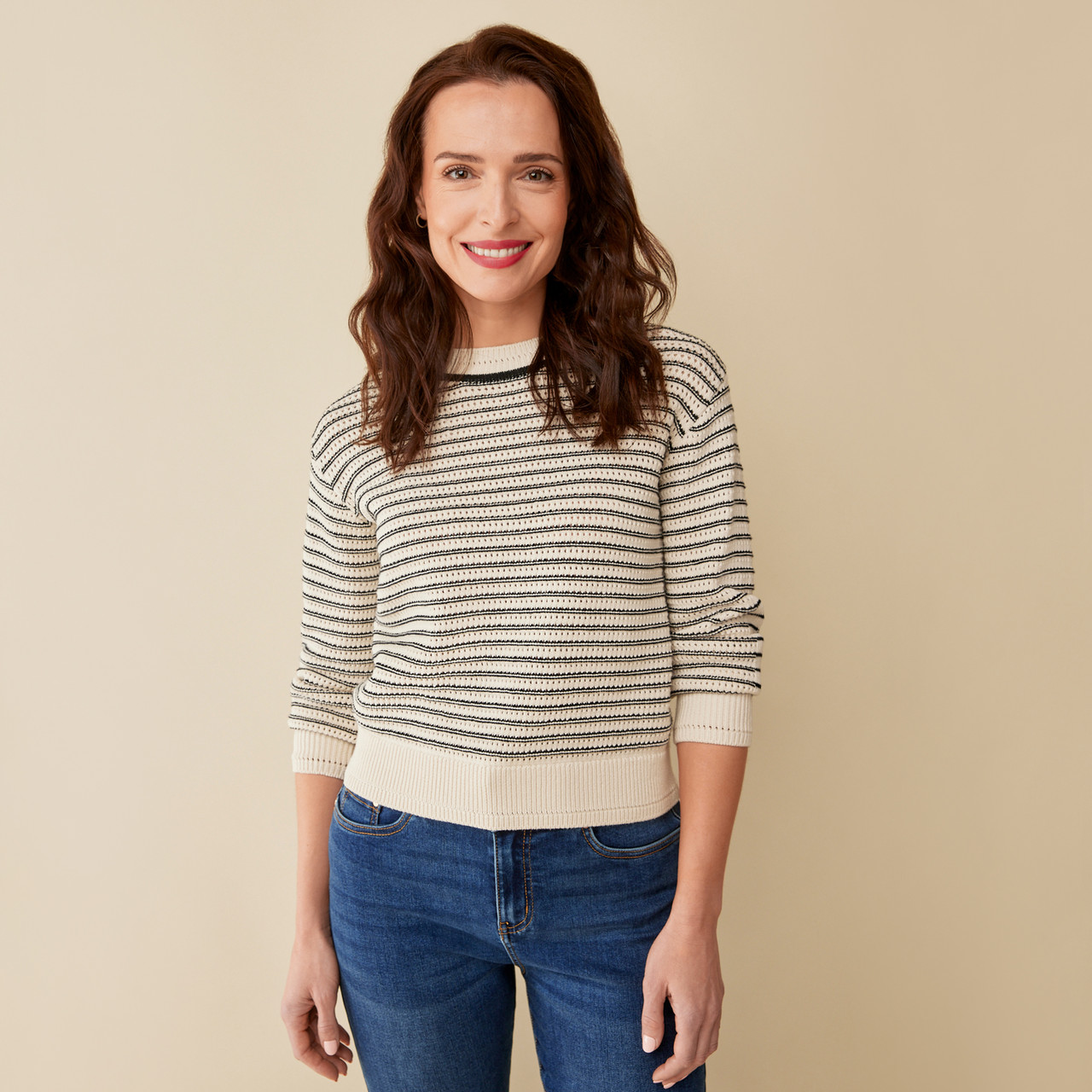 Women's Petite - Pointelle Striped Sweater